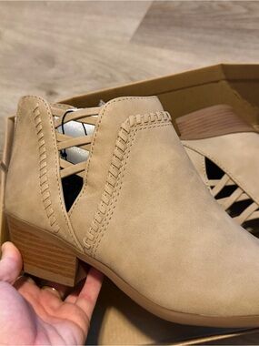 Soda Beige Cutout Ankle Booties with Low Block Heel